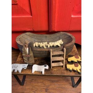 Vintage Artisan Carved Noahs Ark Wooden Boat Animals Ladder Super Cute EUC